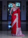 Banarasee Semi Chiffon Saree With Buti Design Contrast Border & Lace-Red & Light Pink
