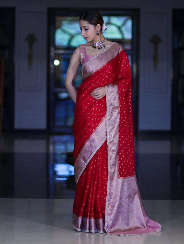 Banarasee Semi Chiffon Saree With Buti Design Contrast Border & Lace-Red & Light Pink