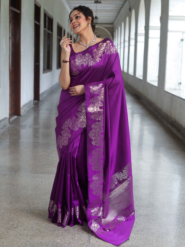 Banarasee Handwoven Semi Silk Saree With Zari Border-Violet