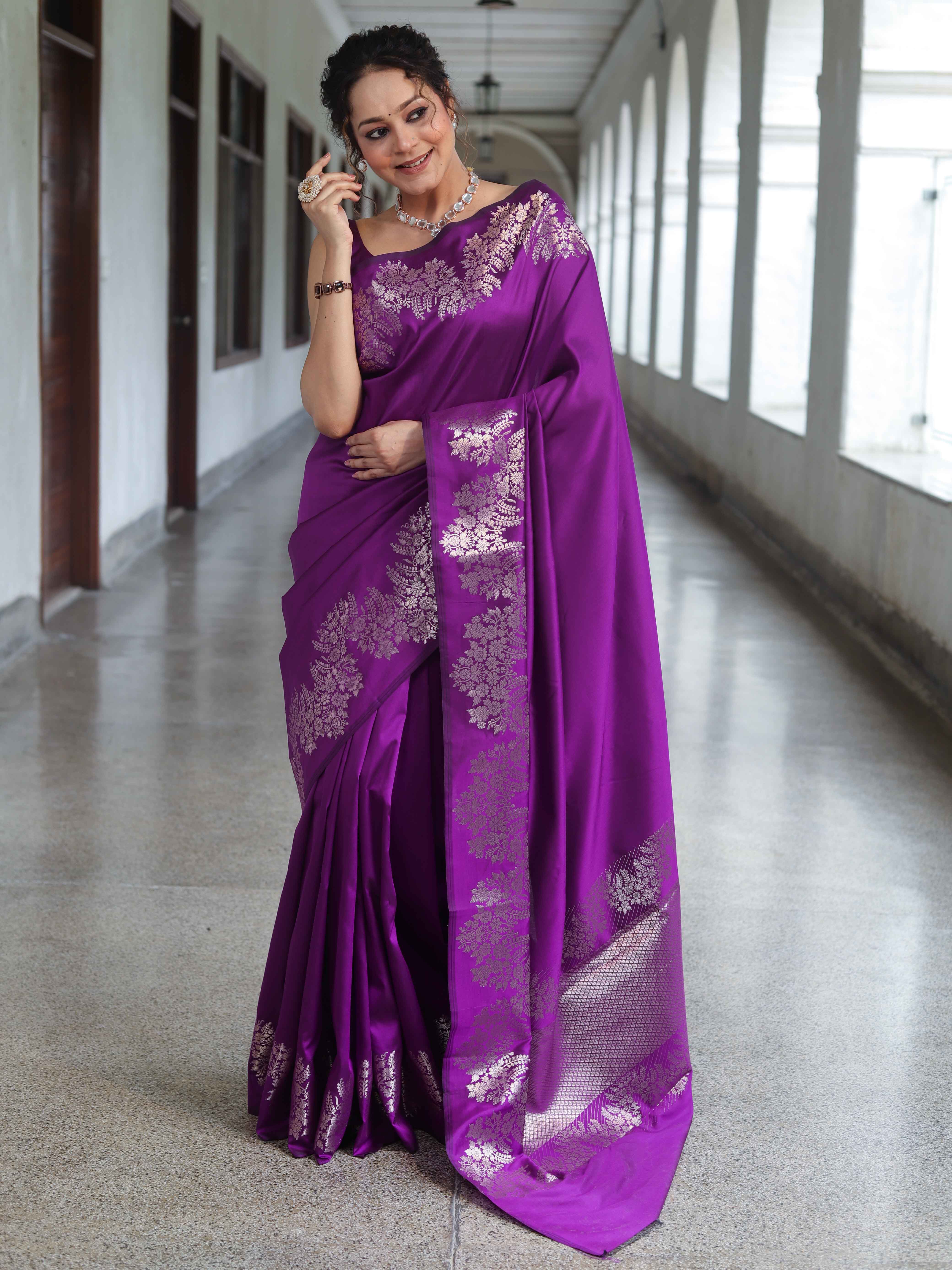 Banarasee Handwoven Semi Silk Saree With Zari Border-Violet