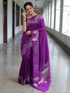 Banarasee Handwoven Semi Silk Saree With Zari Border-Violet