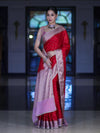 Banarasee Semi Chiffon Saree With Buti Design Contrast Border & Lace-Red & Light Pink