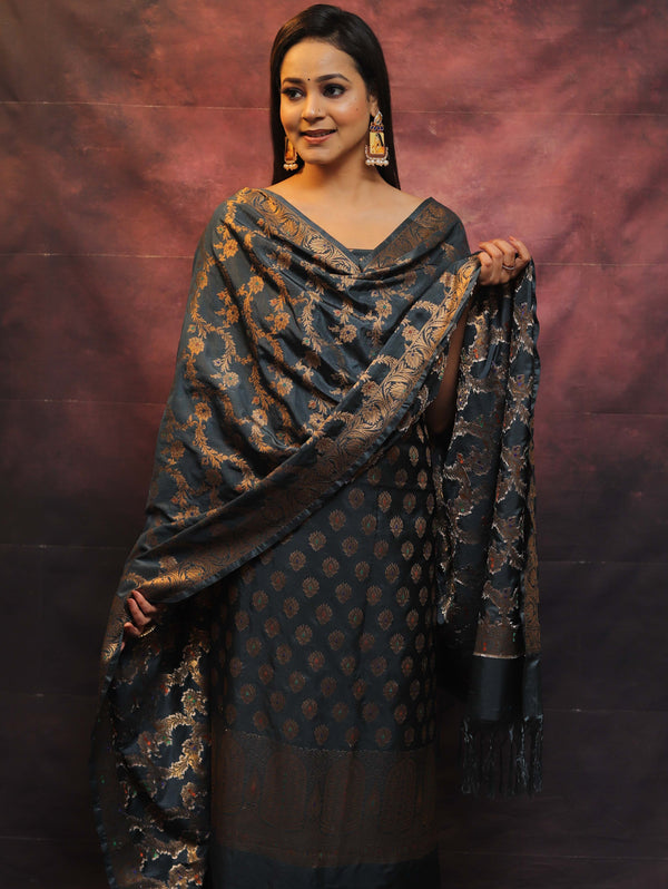 Banarasee Salwar Kameez Semi Katan Silk Fabric With Zari Work-Grey