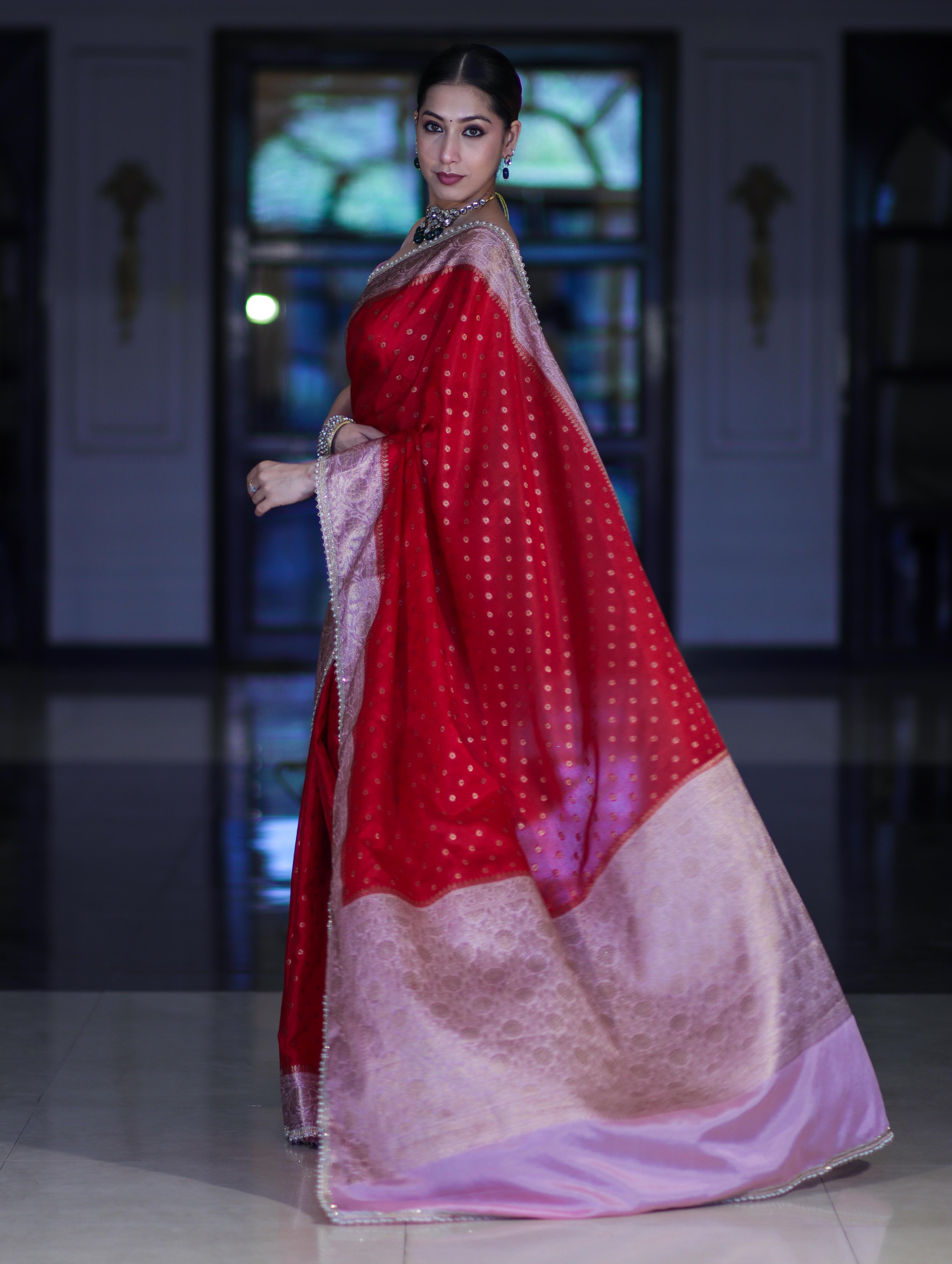 Banarasee Semi Chiffon Saree With Buti Design Contrast Border & Lace-Red & Light Pink