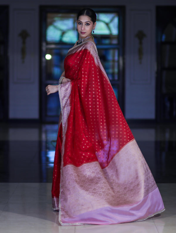 Banarasee Semi Chiffon Saree With Buti Design Contrast Border & Lace-Red & Light Pink