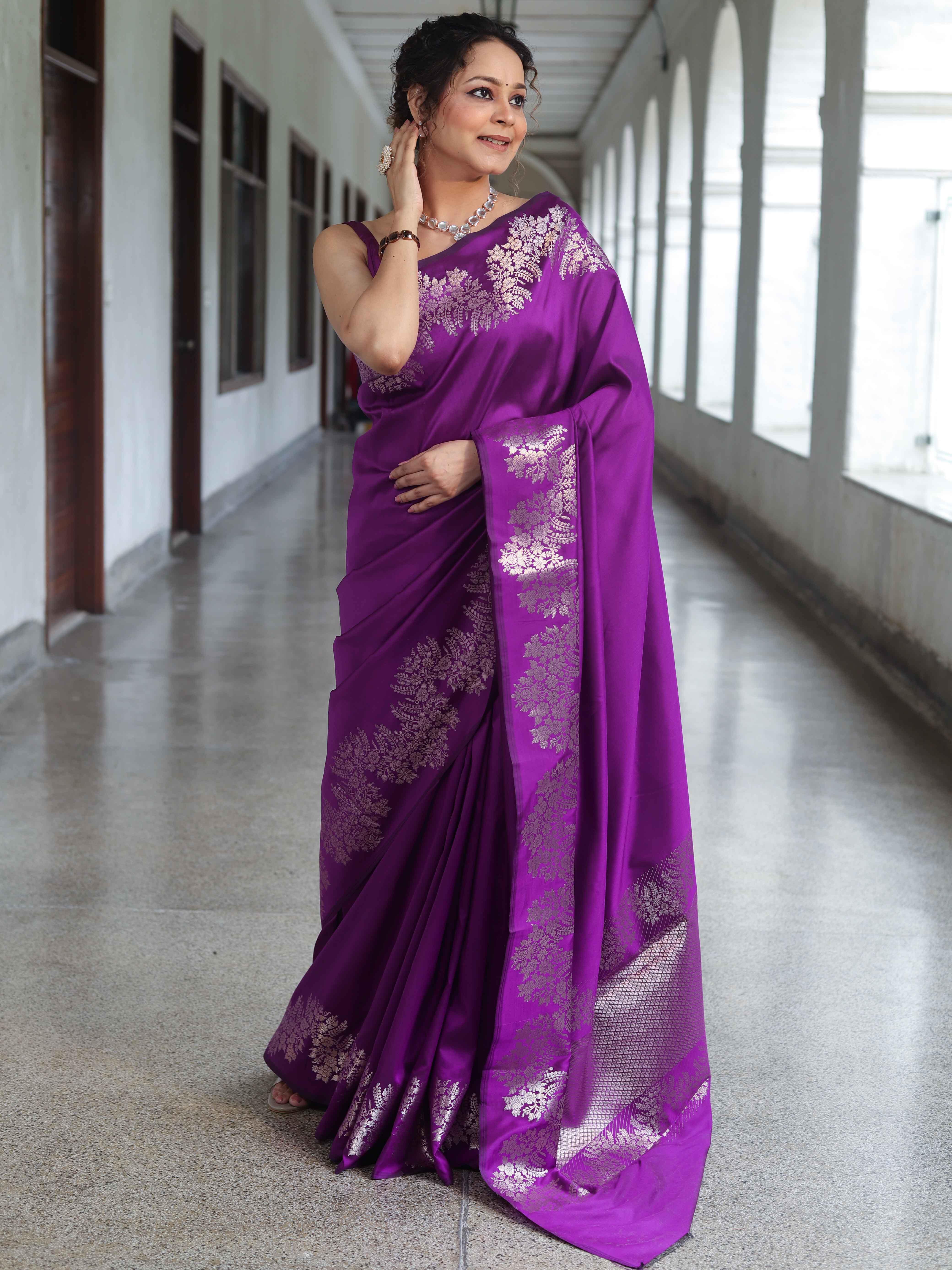 Banarasee Handwoven Semi Silk Saree With Zari Border-Violet