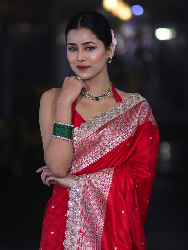 Banarasee Handloom Mashru Silk Saree With Buti Design Zari Border & Lace-Red