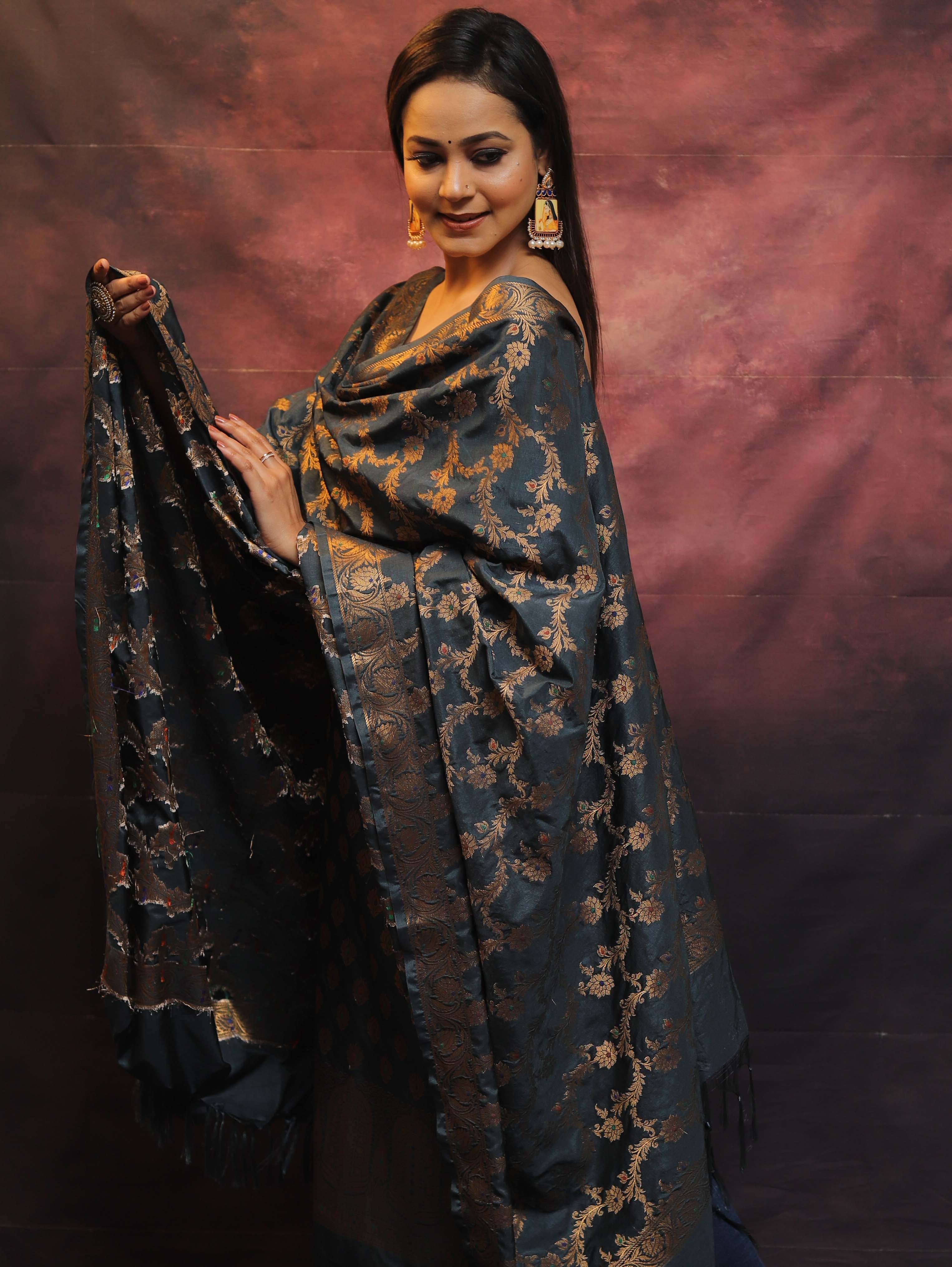 Banarasee Salwar Kameez Semi Katan Silk Fabric With Zari Work-Grey