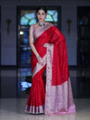 Banarasee Semi Chiffon Saree With Buti Design Contrast Border & Lace-Red & Light Pink