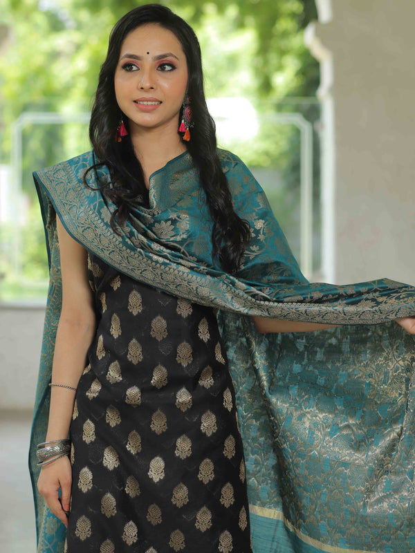 Banarasee Chanderi Cotton Salwar Kameez Fabric With Antique Zari & Contrast Dupatta-Black & Green