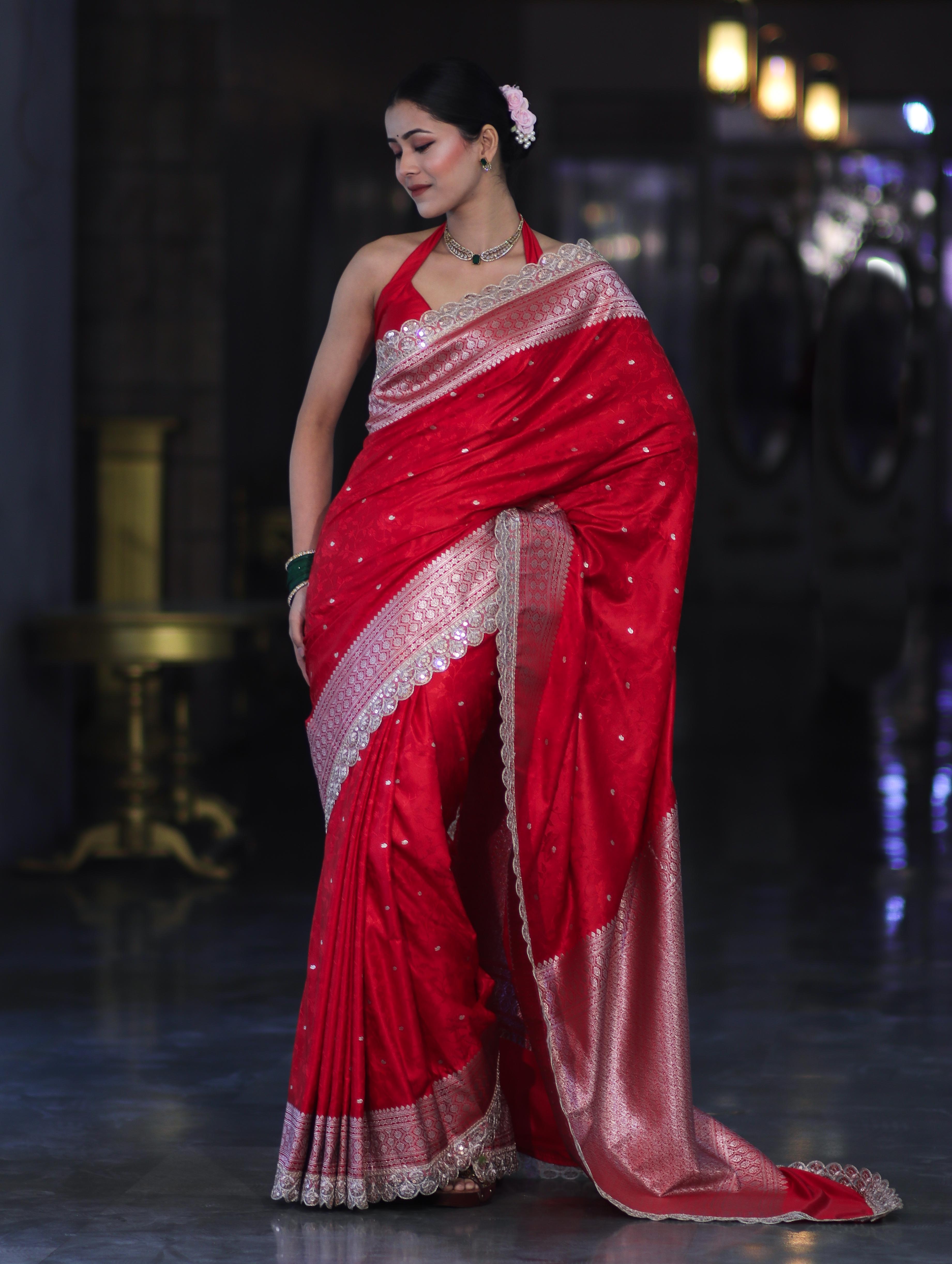 Banarasee Handloom Mashru Silk Saree With Buti Design Zari Border & Lace-Red