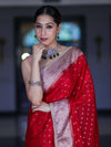 Banarasee Semi Chiffon Saree With Buti Design Contrast Border & Lace-Red & Light Pink