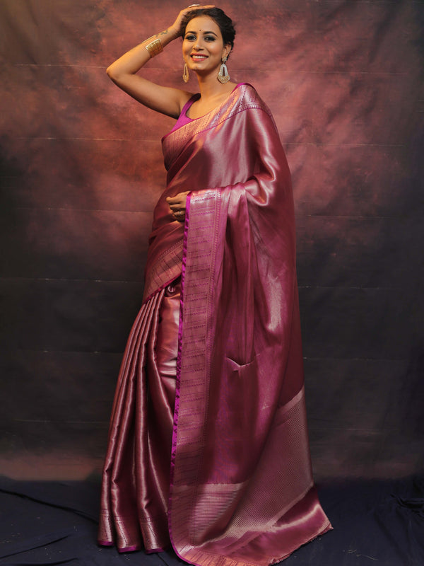 Banarasee Handwoven Tissue Silver Zari Saree-Magenta