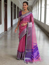 Banarasee Handwoven Plain Tissue Saree With Contrast Border & Lace-Baby Pink & Violet