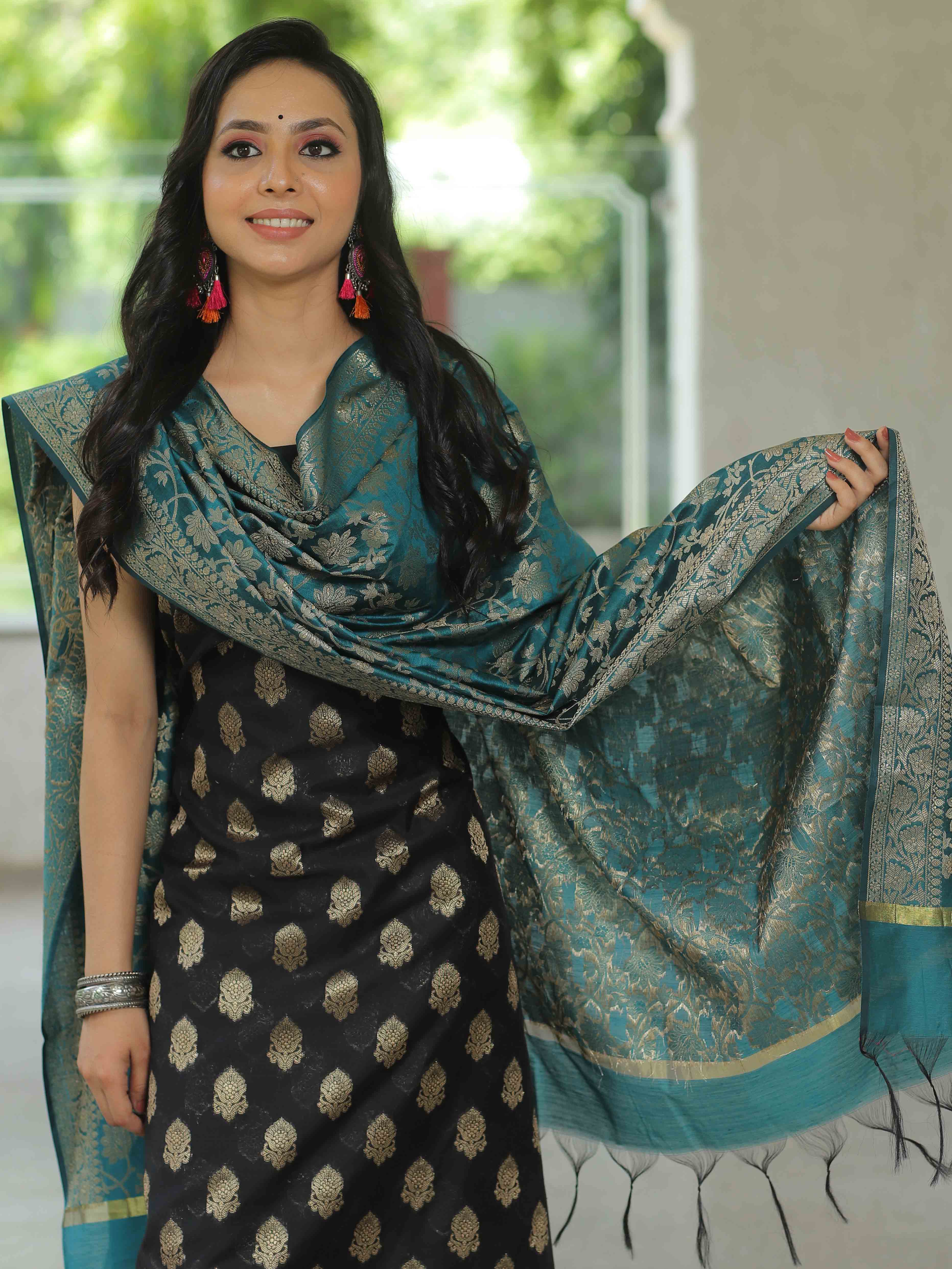 Banarasee Chanderi Cotton Salwar Kameez Fabric With Antique Zari & Contrast Dupatta-Black & Green
