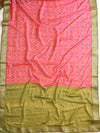 Banarasee Chiffon Saree With Printed & Contrast Zari Lace Border-Pink & Green