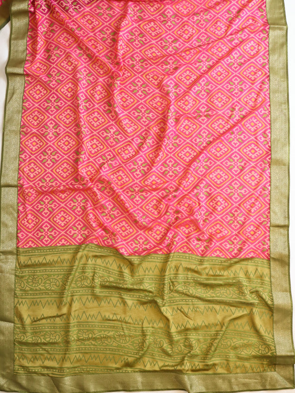 Banarasee Chiffon Saree With Printed & Contrast Zari Lace Border-Pink & Green