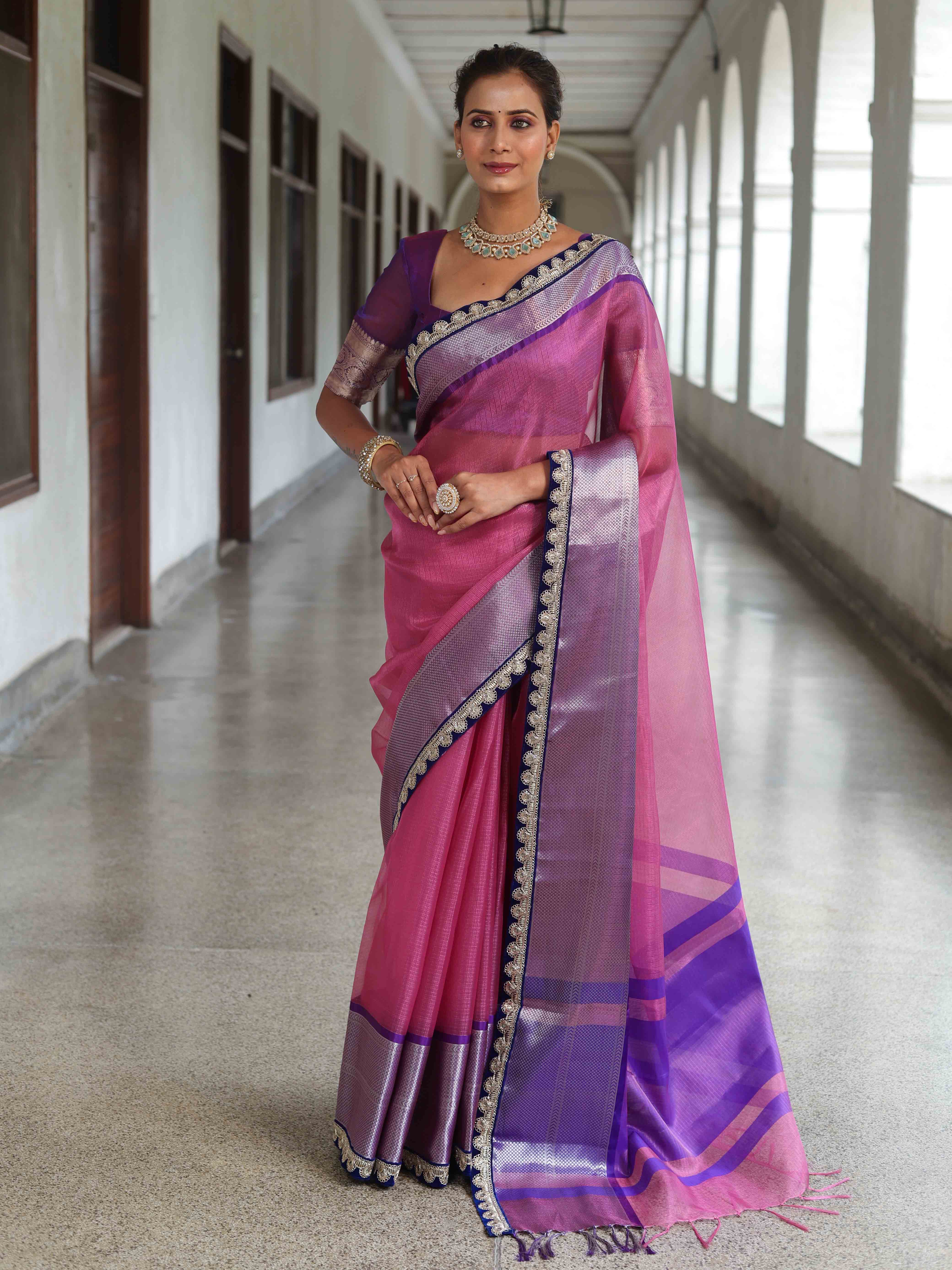 Banarasee Handwoven Plain Tissue Saree With Contrast Border & Lace-Baby Pink & Violet