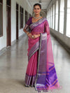 Banarasee Handwoven Plain Tissue Saree With Contrast Border & Lace-Baby Pink & Violet