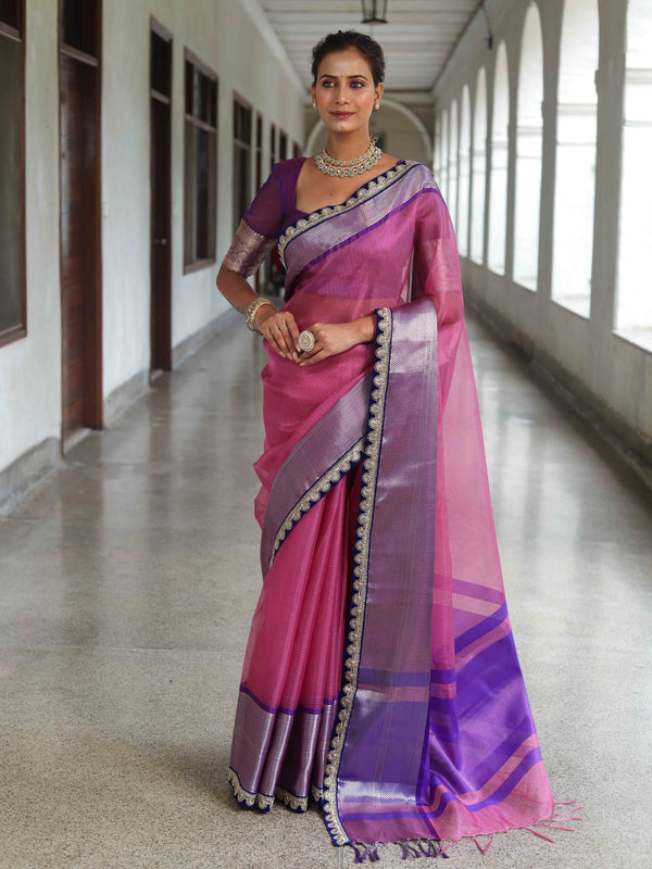 Banarasee Handwoven Plain Tissue Saree With Contrast Border & Lace-Baby Pink & Violet