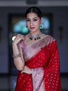 Banarasee Semi Chiffon Saree With Buti Design Contrast Border & Lace-Red & Light Pink