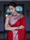 Banarasee Semi Chiffon Saree With Buti Design Contrast Border & Lace-Red & Light Pink