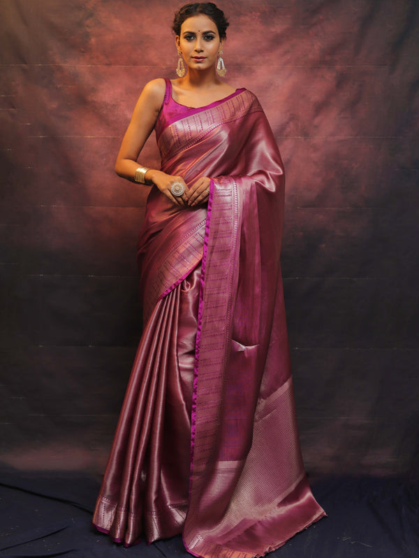 Banarasee Handwoven Tissue Silver Zari Saree-Magenta