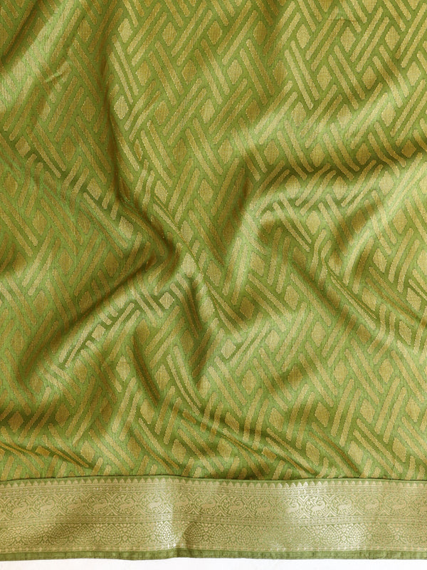 Banarasee Chiffon Saree With Printed & Contrast Zari Lace Border-Pink & Green