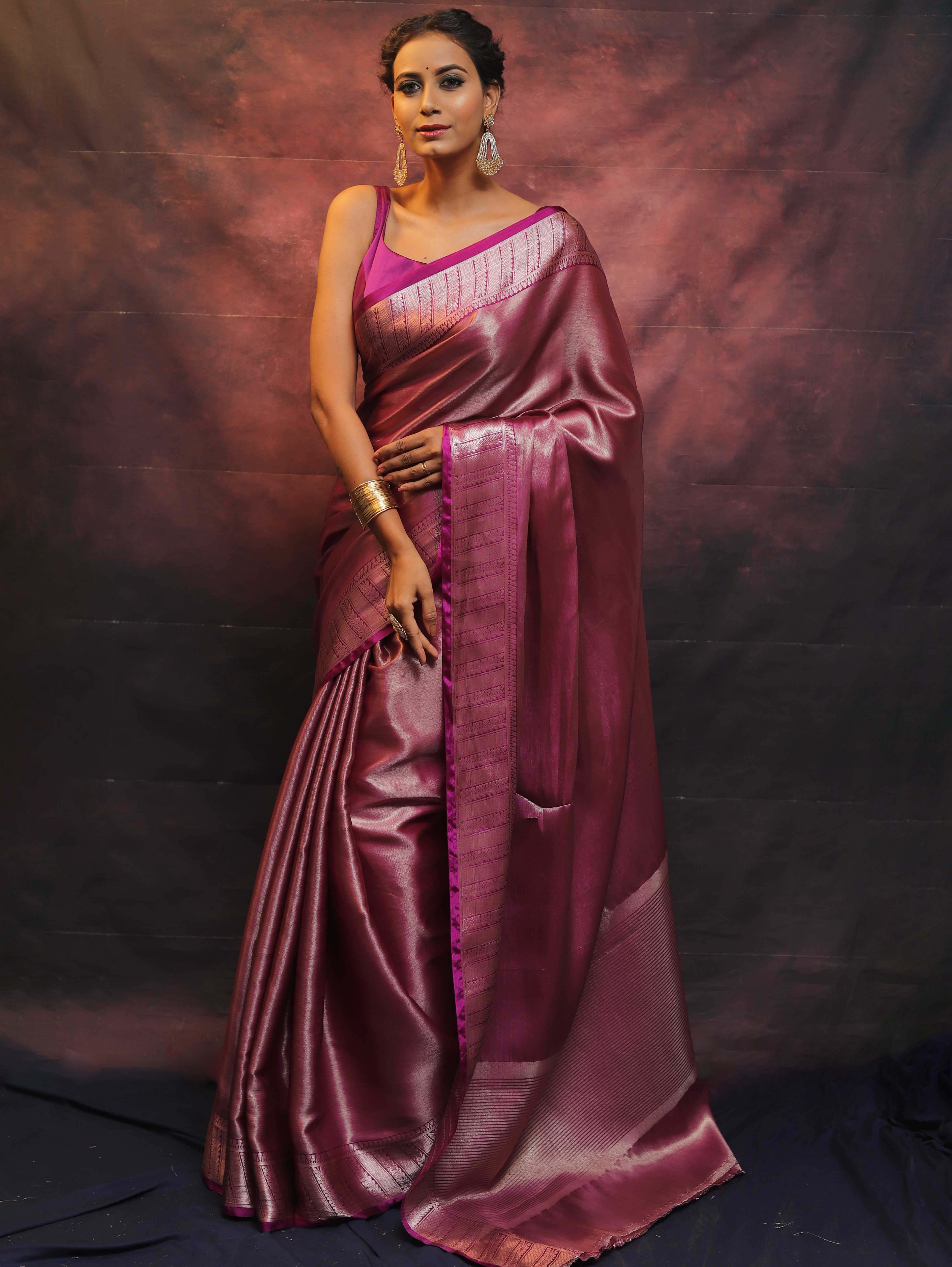Banarasee Handwoven Tissue Silver Zari Saree-Magenta