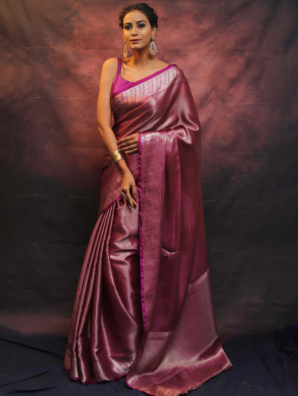 Banarasee Handwoven Tissue Silver Zari Saree-Magenta
