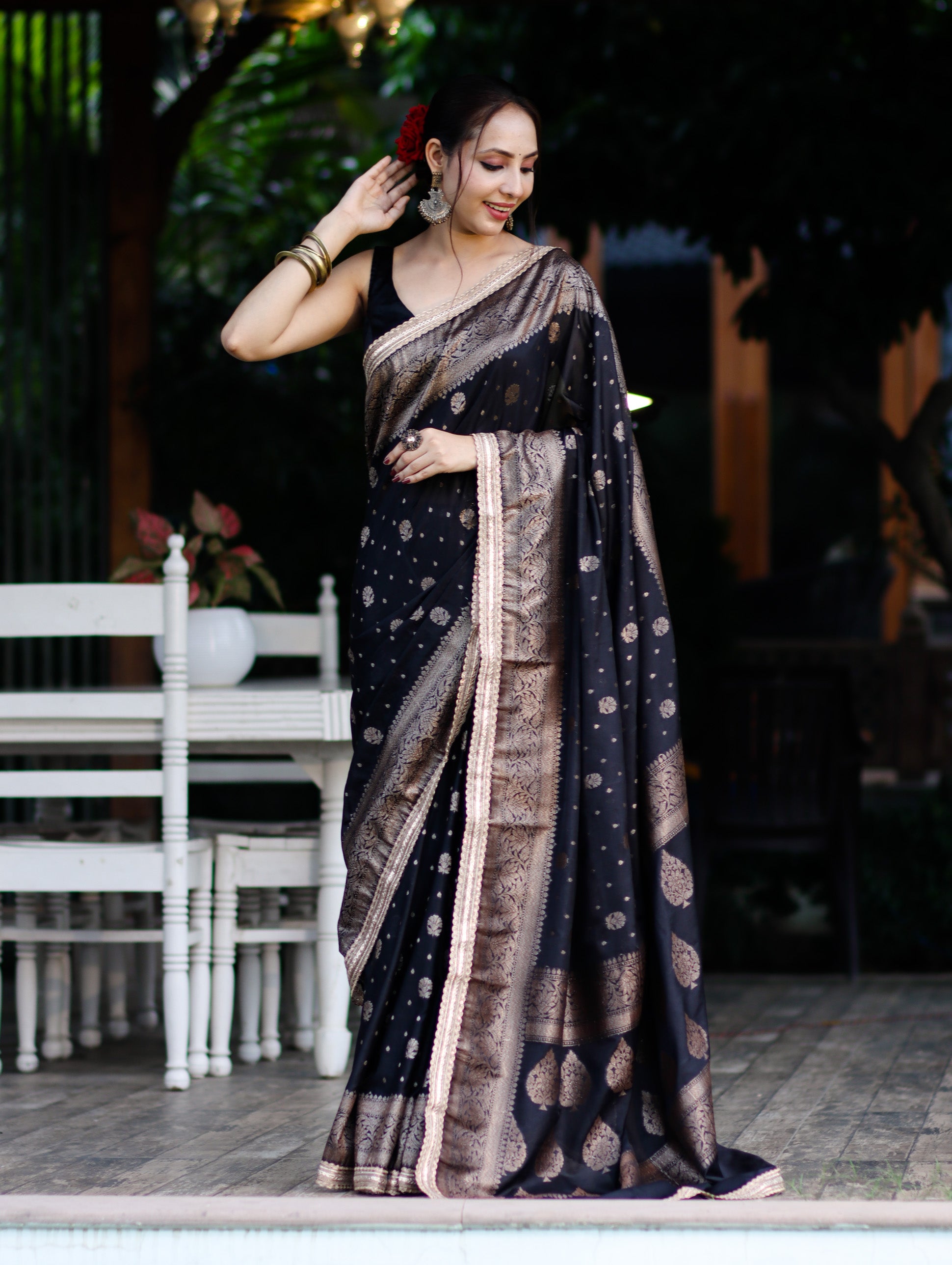 Banarasee Handwoven Faux Georgette Saree With Antique Zari Work Floral Border & Lace-Black