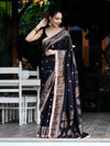 Banarasee Handwoven Faux Georgette Saree With Antique Zari Work Floral Border & Lace-Black