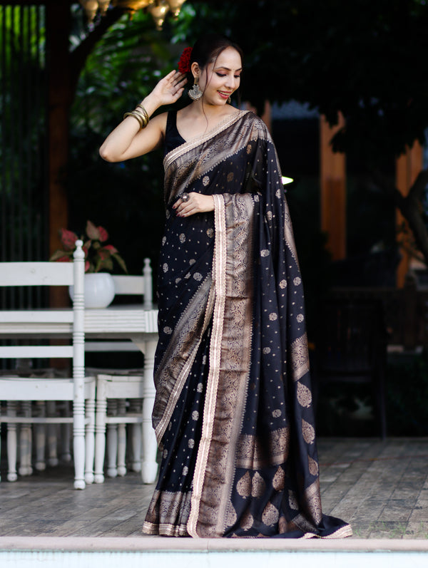 Banarasee Handwoven Faux Georgette Saree With Antique Zari Work Floral Border & Lace-Black