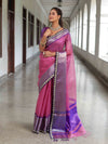 Banarasee Handwoven Plain Tissue Saree With Contrast Border & Lace-Baby Pink & Violet