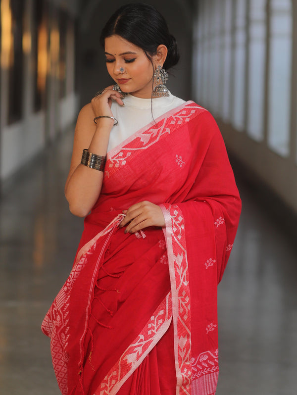 Banarasee Pure Cotton Jamdani Weaving Saree-Red