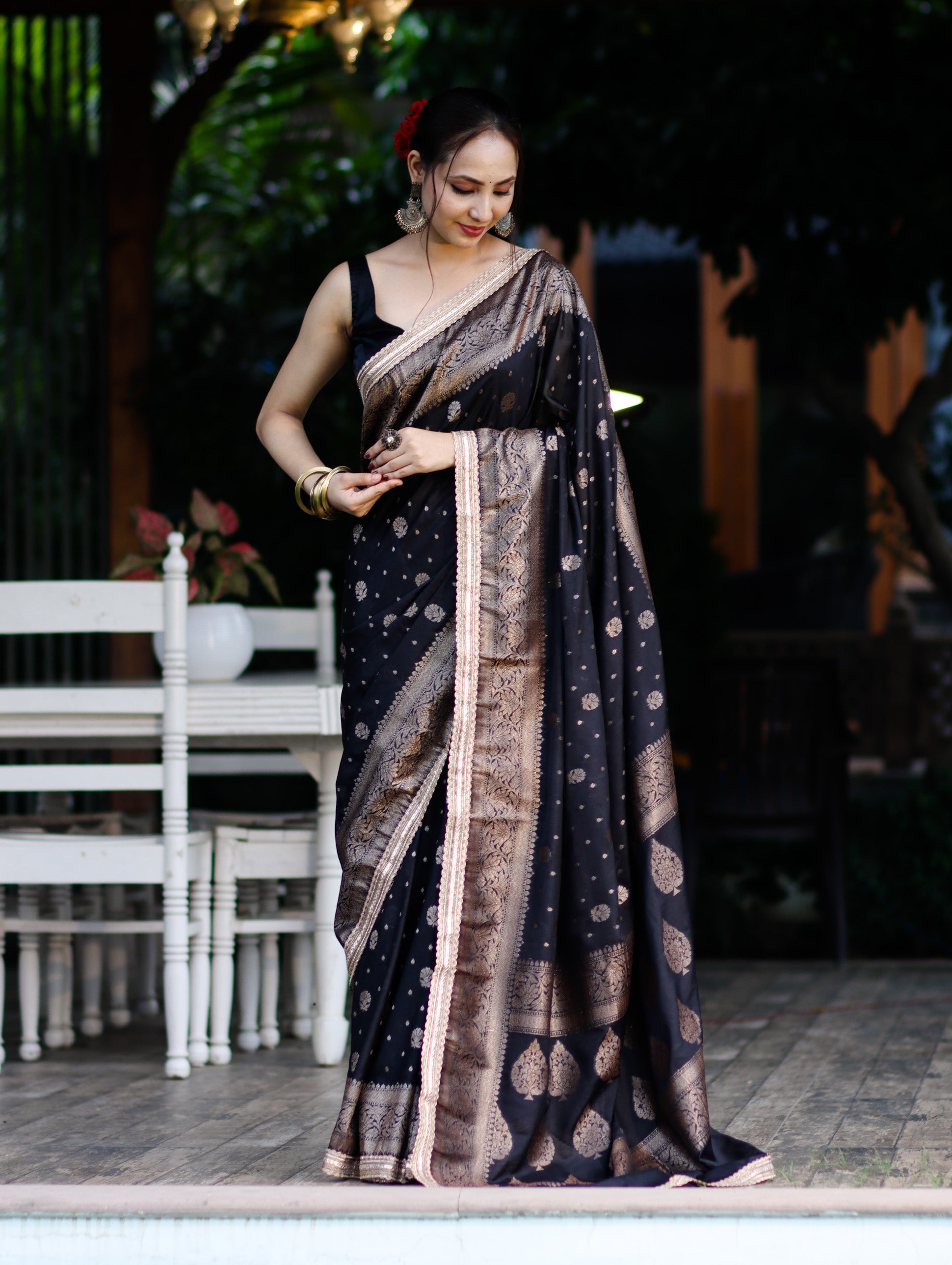 Banarasee Handwoven Faux Georgette Saree With Antique Zari Work Floral Border & Lace-Black