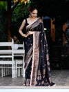 Banarasee Handwoven Faux Georgette Saree With Antique Zari Work Floral Border & Lace-Black