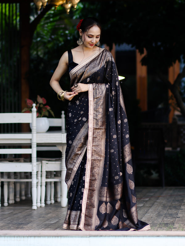 Banarasee Handwoven Faux Georgette Saree With Antique Zari Work Floral Border & Lace-Black