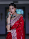 Banarasee Semi Chiffon Saree With Buti Design Contrast Border & Lace-Red & Light Pink