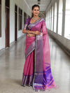 Banarasee Handwoven Plain Tissue Saree With Contrast Border & Lace-Baby Pink & Violet