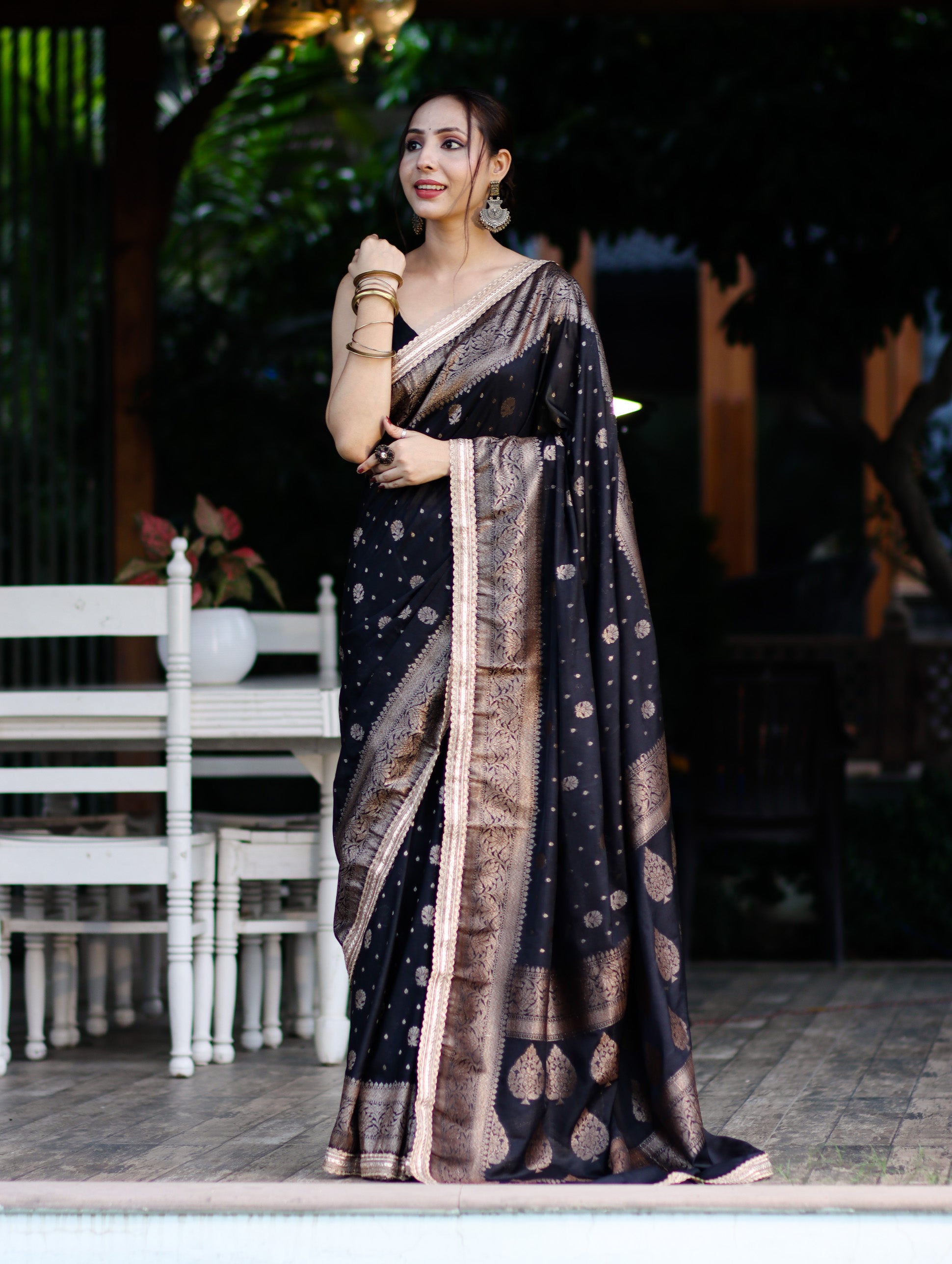 Banarasee Handwoven Faux Georgette Saree With Antique Zari Work Floral Border & Lace-Black