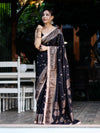 Banarasee Handwoven Faux Georgette Saree With Antique Zari Work Floral Border & Lace-Black