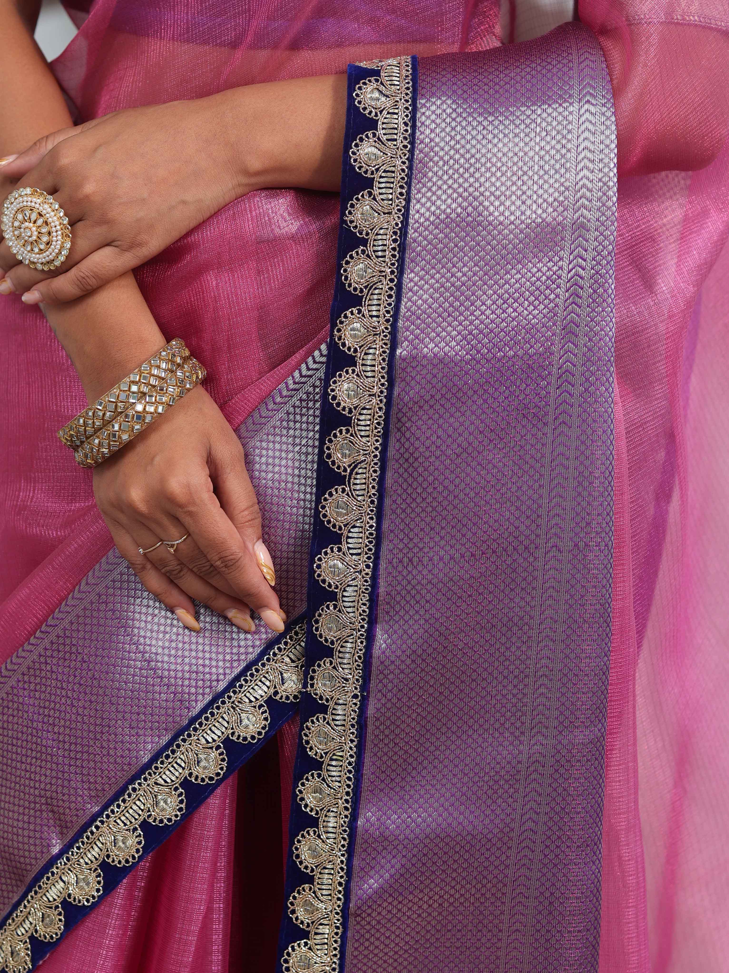 Banarasee Handwoven Plain Tissue Saree With Contrast Border & Lace-Baby Pink & Violet