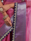 Banarasee Handwoven Plain Tissue Saree With Contrast Border & Lace-Baby Pink & Violet
