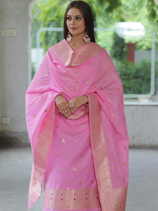 Banarasee Handloom Chanderi Salwar Kameez Fabric With Meena & Zari Design-Pink