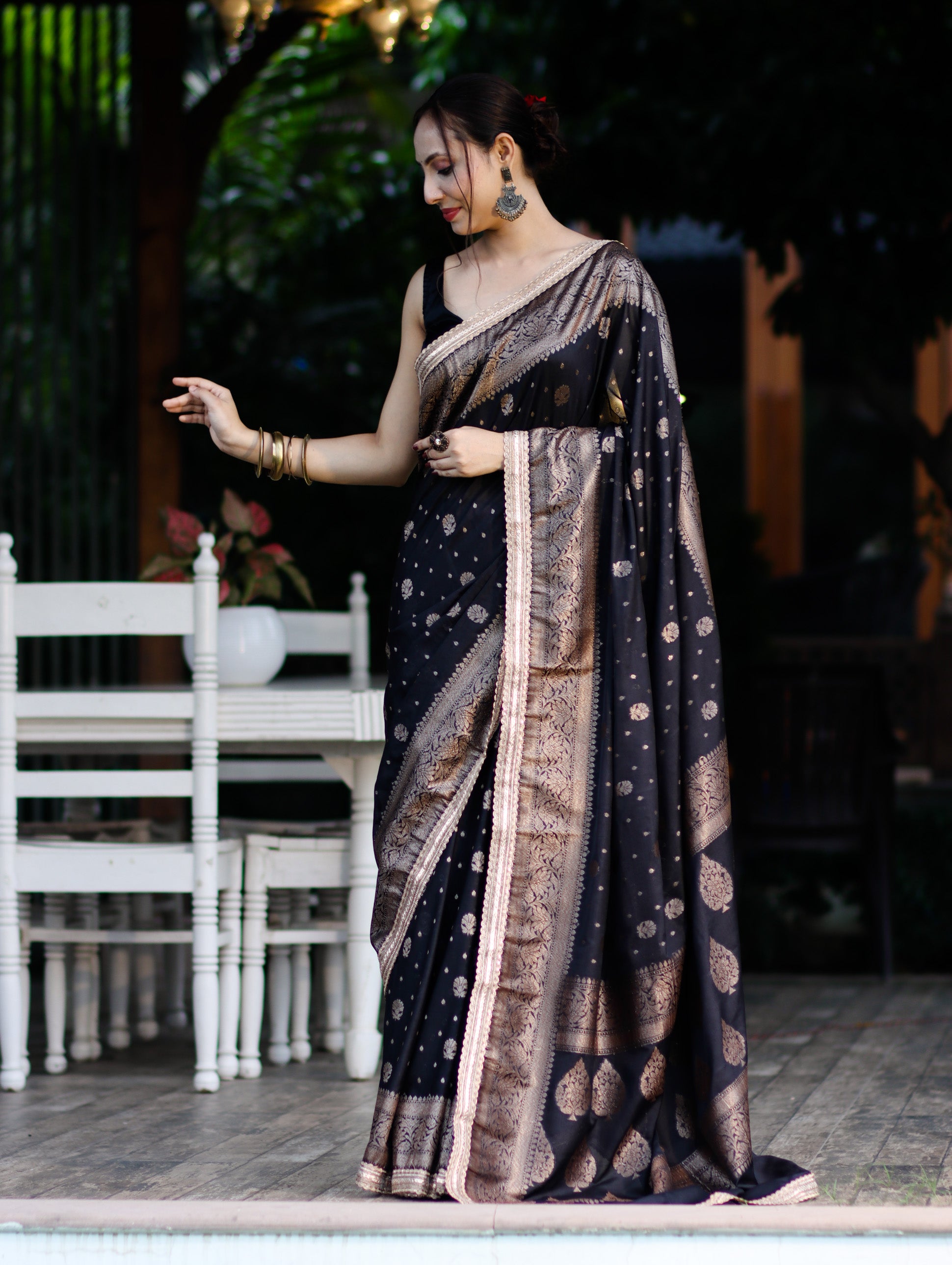 Banarasee Handwoven Faux Georgette Saree With Antique Zari Work Floral Border & Lace-Black