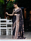 Banarasee Handwoven Faux Georgette Saree With Antique Zari Work Floral Border & Lace-Black