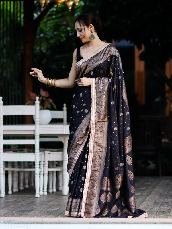 Banarasee Handwoven Faux Georgette Saree With Antique Zari Work Floral Border & Lace-Black