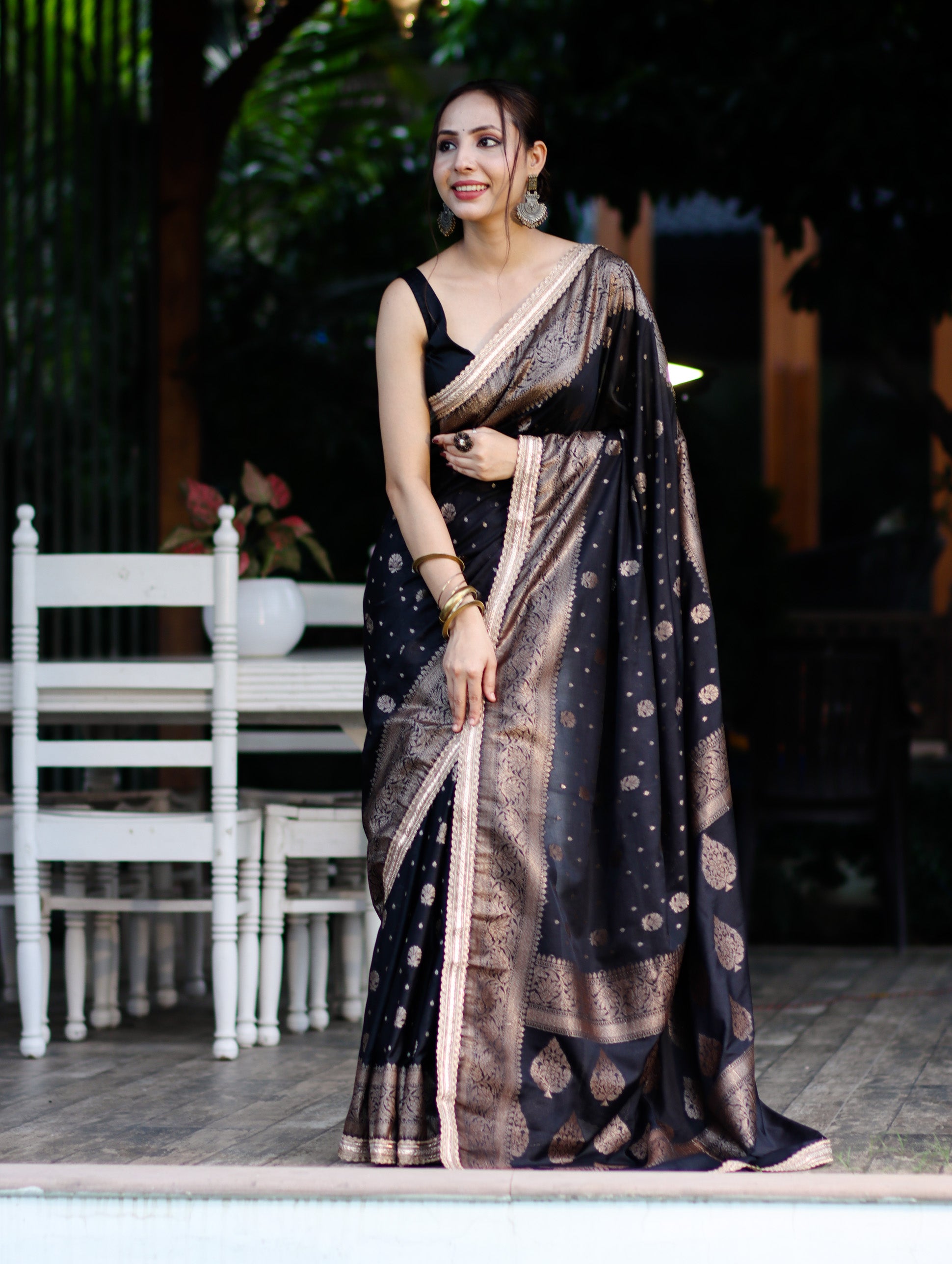 Banarasee Handwoven Faux Georgette Saree With Antique Zari Work Floral Border & Lace-Black