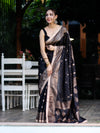 Banarasee Handwoven Faux Georgette Saree With Antique Zari Work Floral Border & Lace-Black